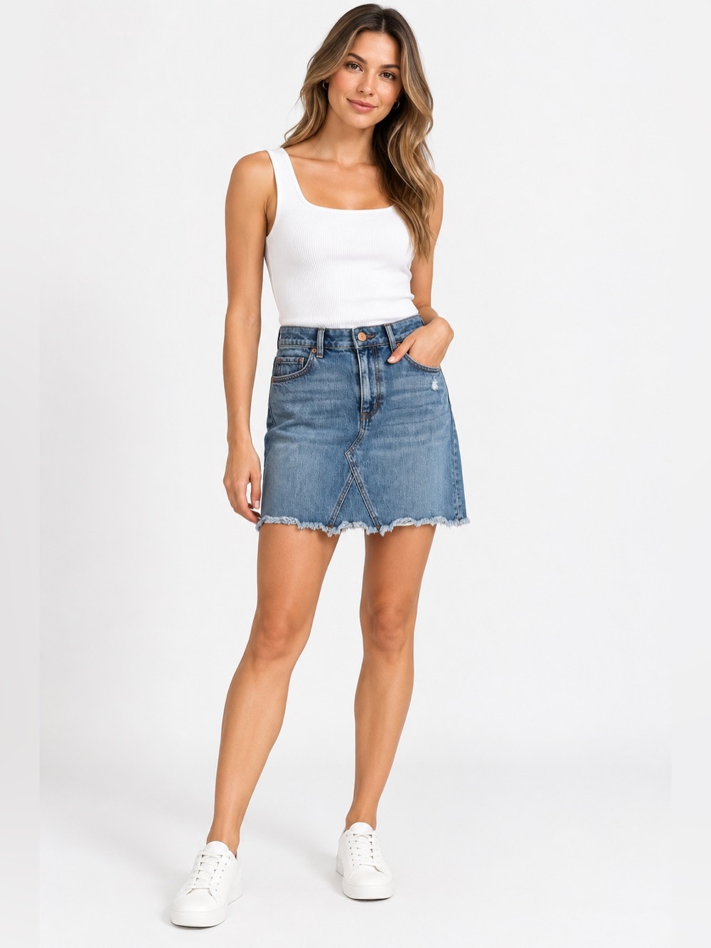 LOFT Denim Mini Skirt Size 4 Raw Hem Medium Wash Stretch